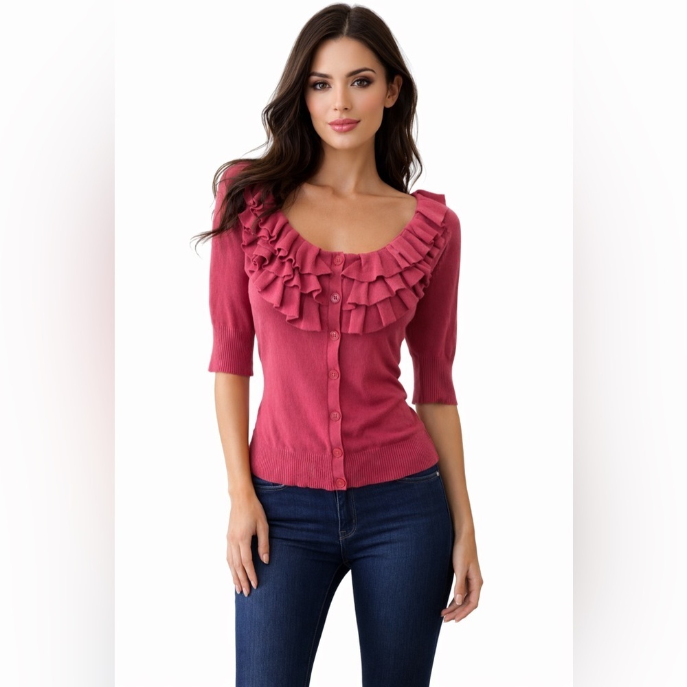 Worthington NWT Women’s Rose Short Sleeve Top Size Med.Ruffled Neck Button Front